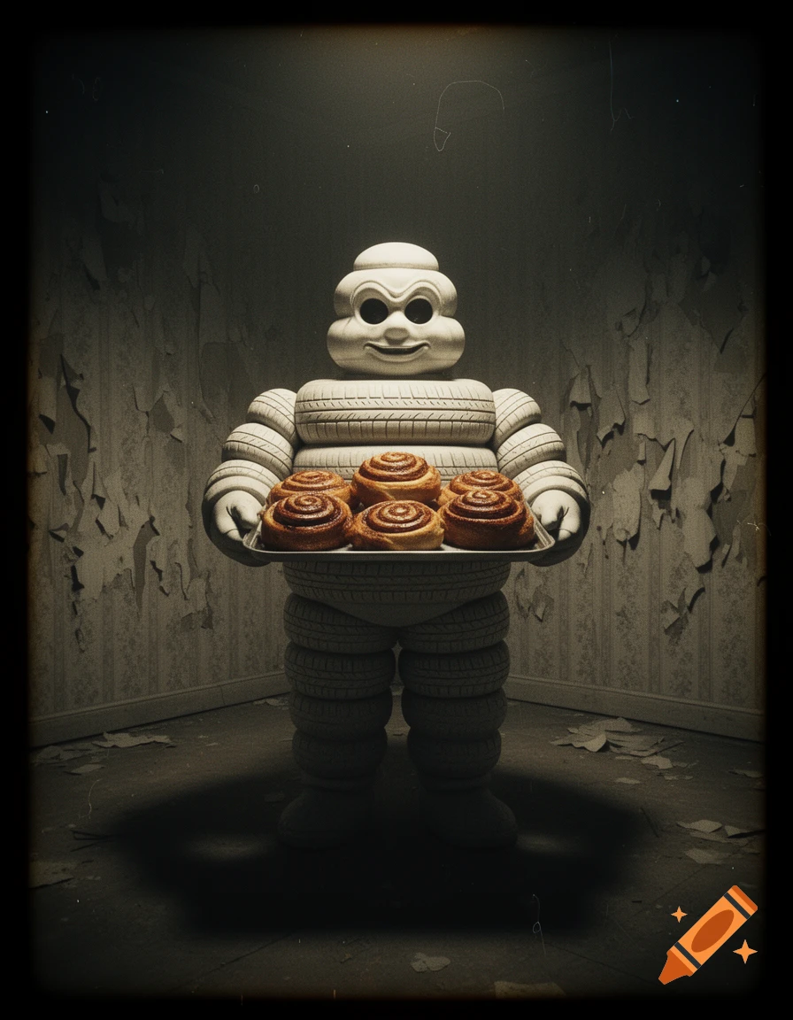 Creepy, photorealistic Michelin Man in a dilapidated room, holding a tray of cinnamon rolls, in a degraded film style.