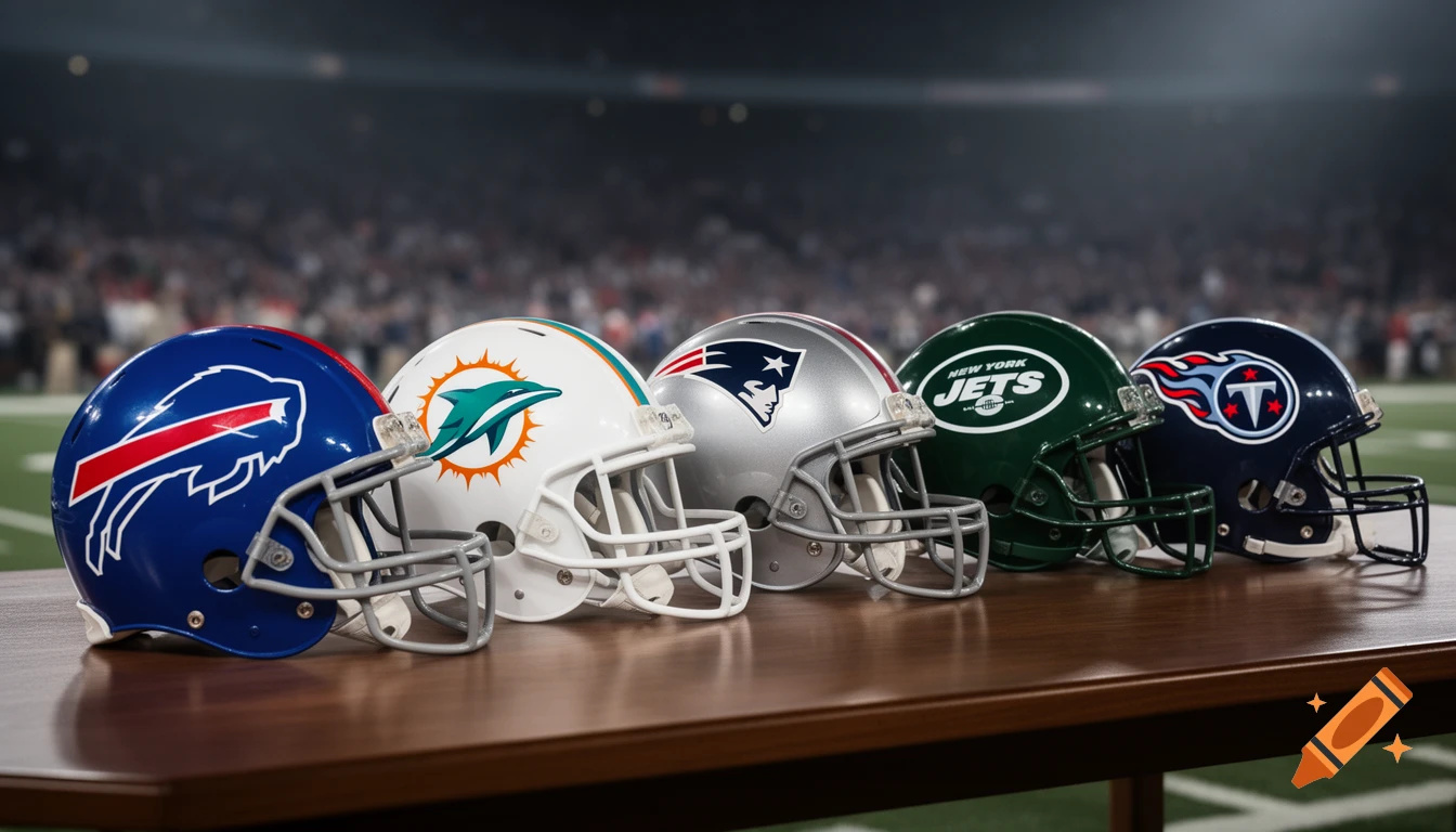 Five NFL helmets for the Bills, Dolphins, Patriots, Jets, and Titans are displayed on a table in a stadium.