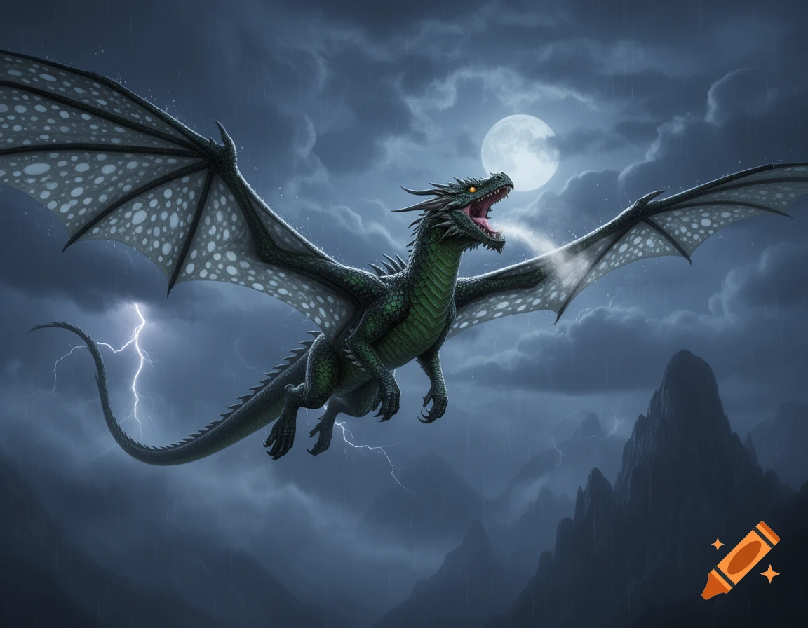 A large green dragon with prominent wings flies through a dark, stormy sky illuminated by lightning and a full moon.