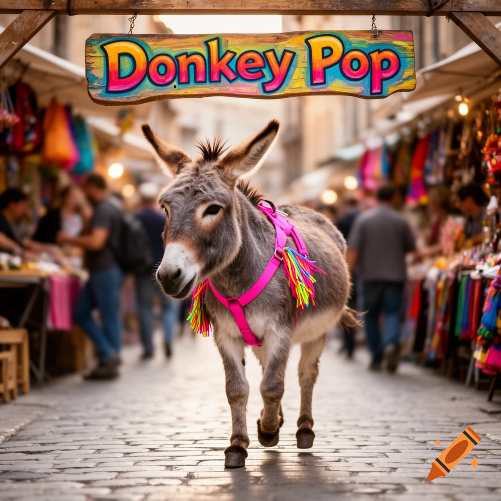 A photorealistic image of a donkey with a pink harness and colorful tassels walking through a bustling outdoor market under a 'Donkey Pop' sign.