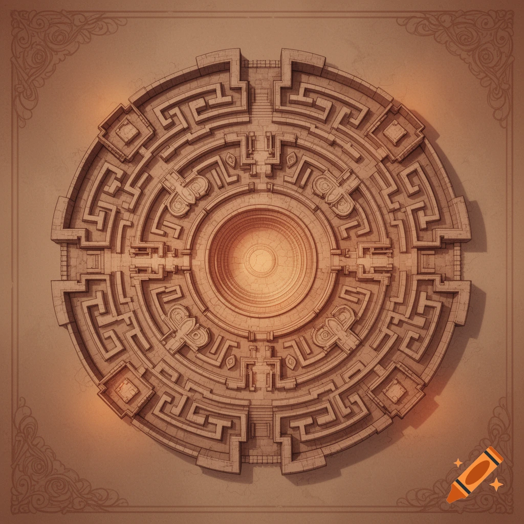 Top-down view of an intricate circular stone labyrinth temple map with a central chamber and decorative borders.