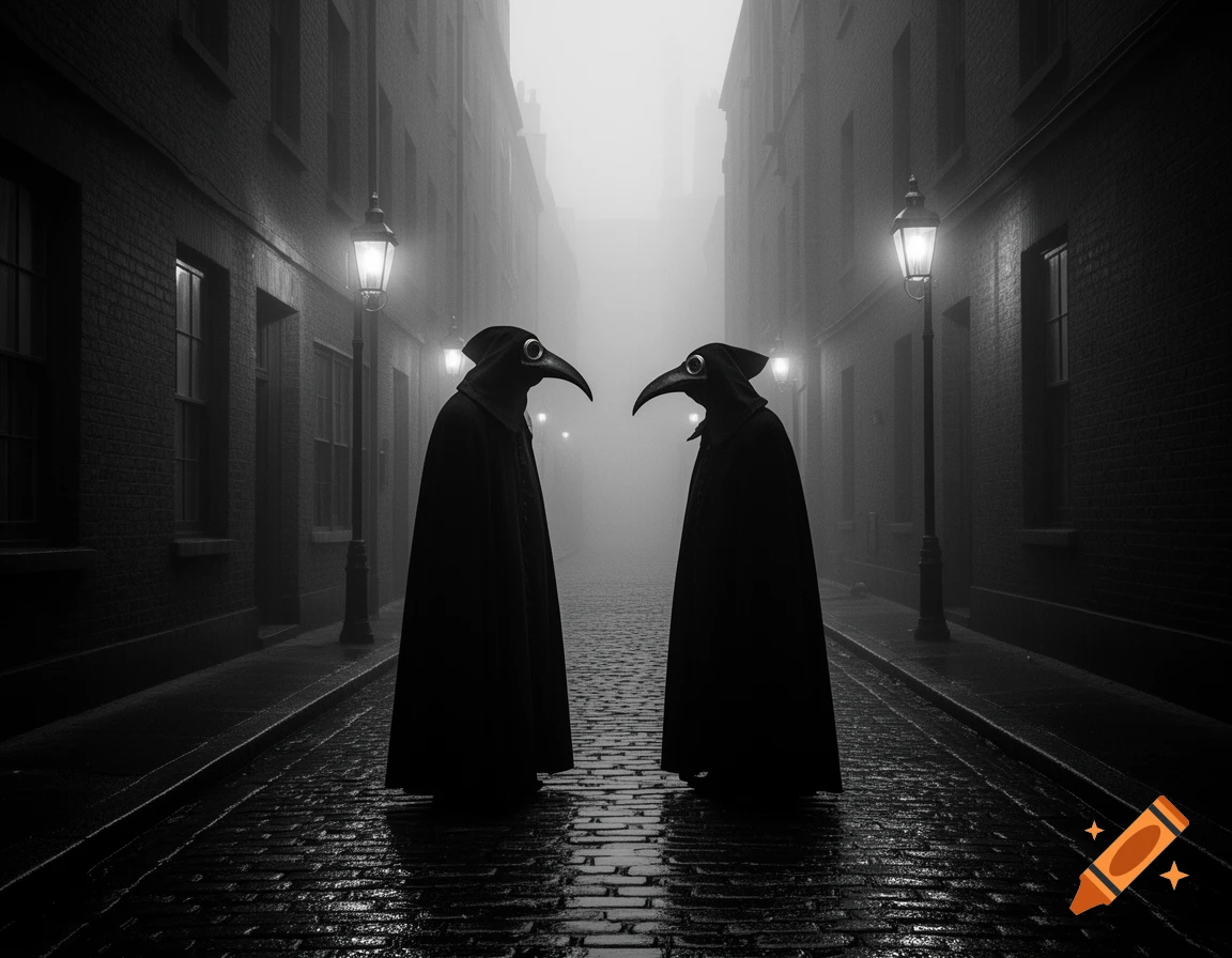 Two plague doctors in cloaks stand facing each other in a dark, foggy Victorian cobblestone alley, lit by street lamps, in black and white.