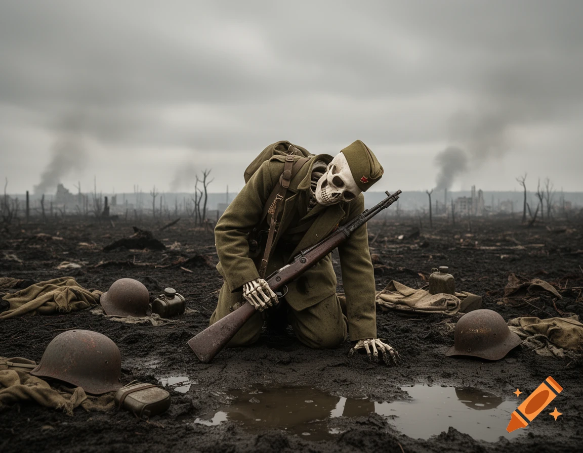 A photorealistic image of a skeleton soldier in a WWII Russian uniform, kneeling in a muddy, war-torn battlefield, using a rifle as a crutch.