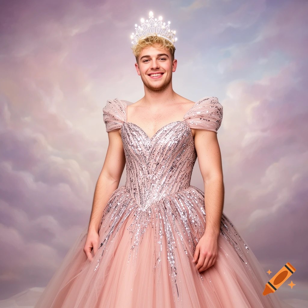 A smiling young man with blonde curly hair wears a sparkly pink ball gown and a glowing crown against a cloudy, pastel background.