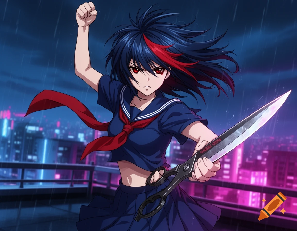 An anime girl with dark blue hair with a red streak, wearing a sailor uniform, holds a large scissor-blade and raises a fist, against a rainy city background.