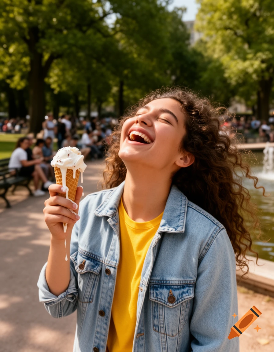 A happy young woman with curly hair laughs in a sunny park, holding a melting vanilla ice cream cone.