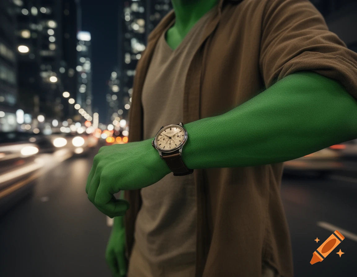 Close-up of a person with green skin wearing an analog watch, standing in a blurred city street at night.