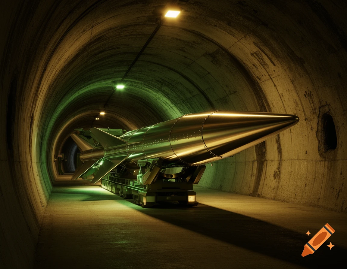 A shiny, silver missile on a wheeled launch platform inside a dimly lit concrete tunnel with green and yellow lighting.