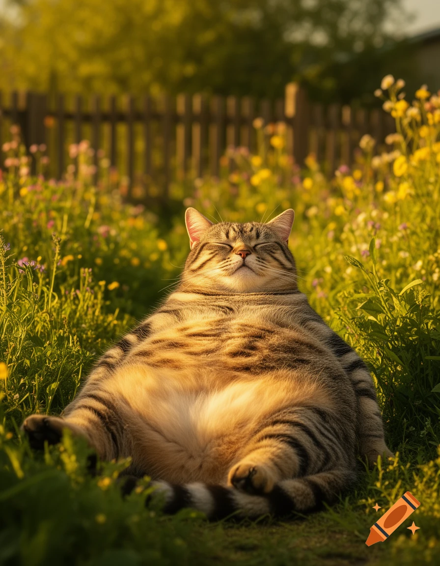 A very fat tabby cat relaxing in a sunny grassy field with wildflowers, eyes closed and belly exposed to the sun. A wooden fence is in the background.