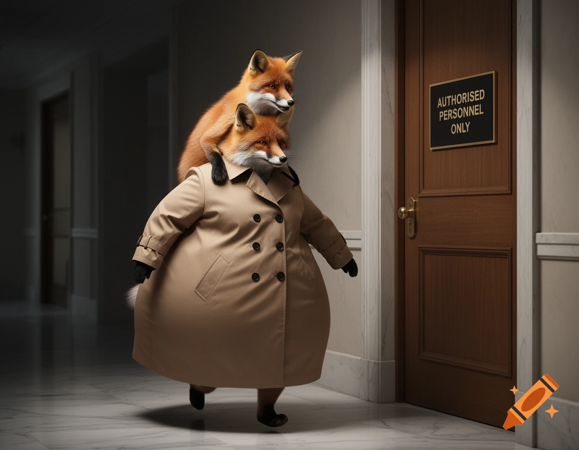 Two foxes in an oversized trenchcoat sneak past a door marked "Authorised Personnel Only" in a government office hallway.