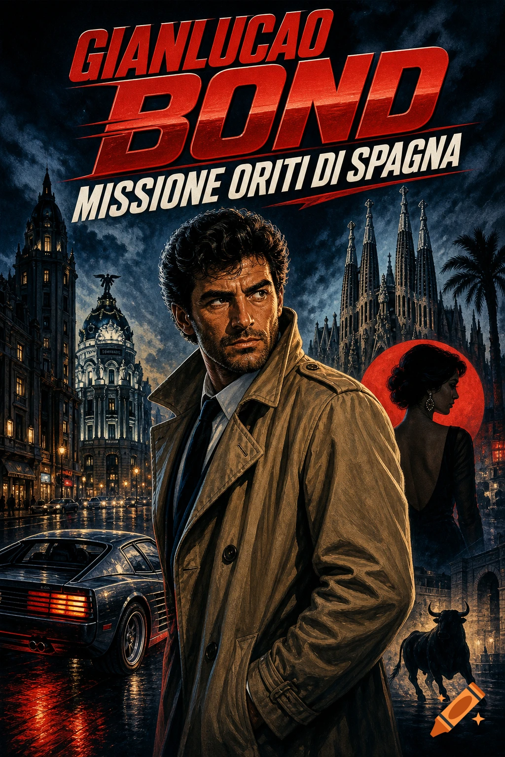 80s spy noir movie poster with a man in a trench coat, classic car, bull, and European city at night, with text "Gianlucao Bond Missione Oriti di Spagna".