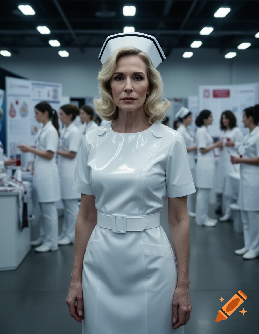 A woman in a white vinyl nurse uniform and cap stands front, with other nurses in a convention background, in photorealistic style.