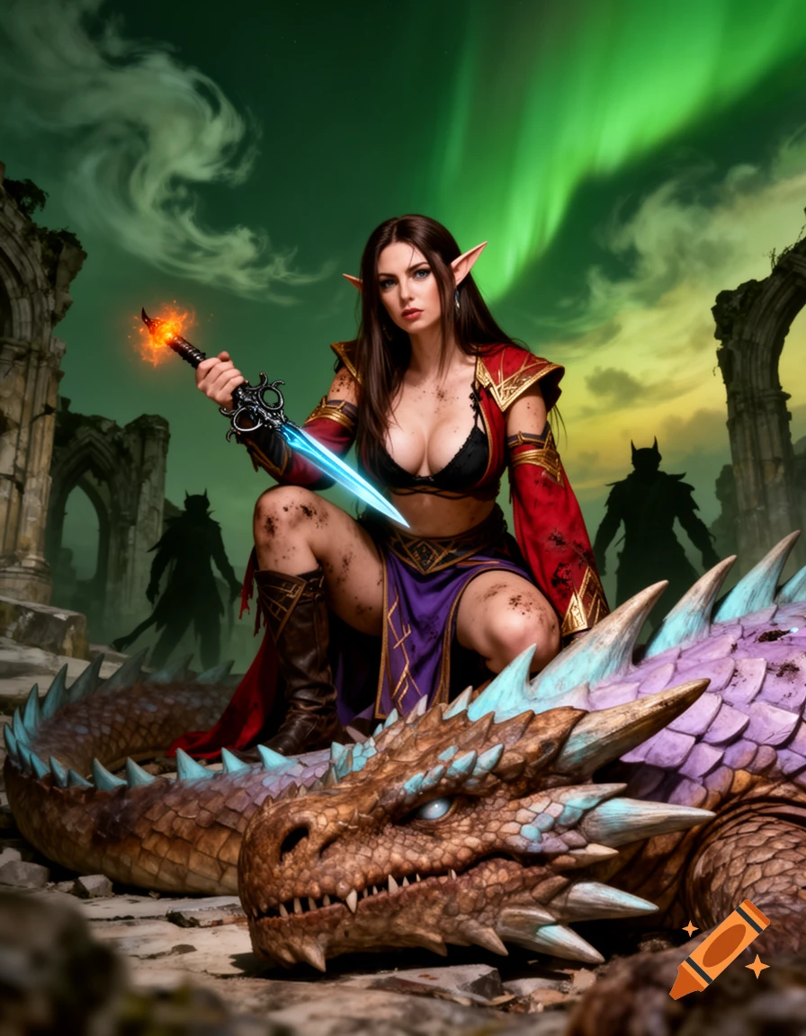 Photorealistic image of an elf mage with glowing daggers crouching on a slayed dragon amidst ruins under a green sky.