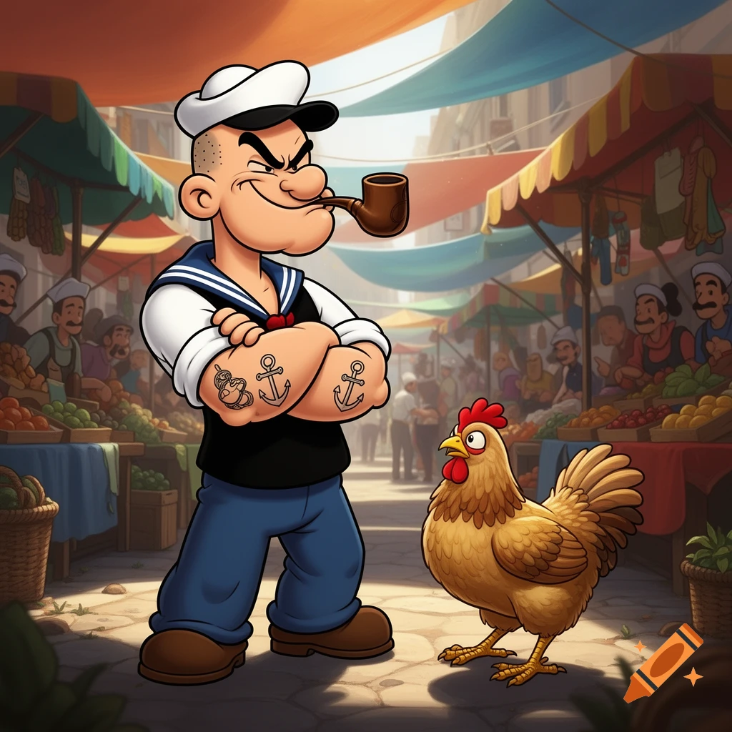 Popeye the Sailor Man with crossed arms, smoking a pipe, looking at a chicken in a bustling market street, cartoon style.