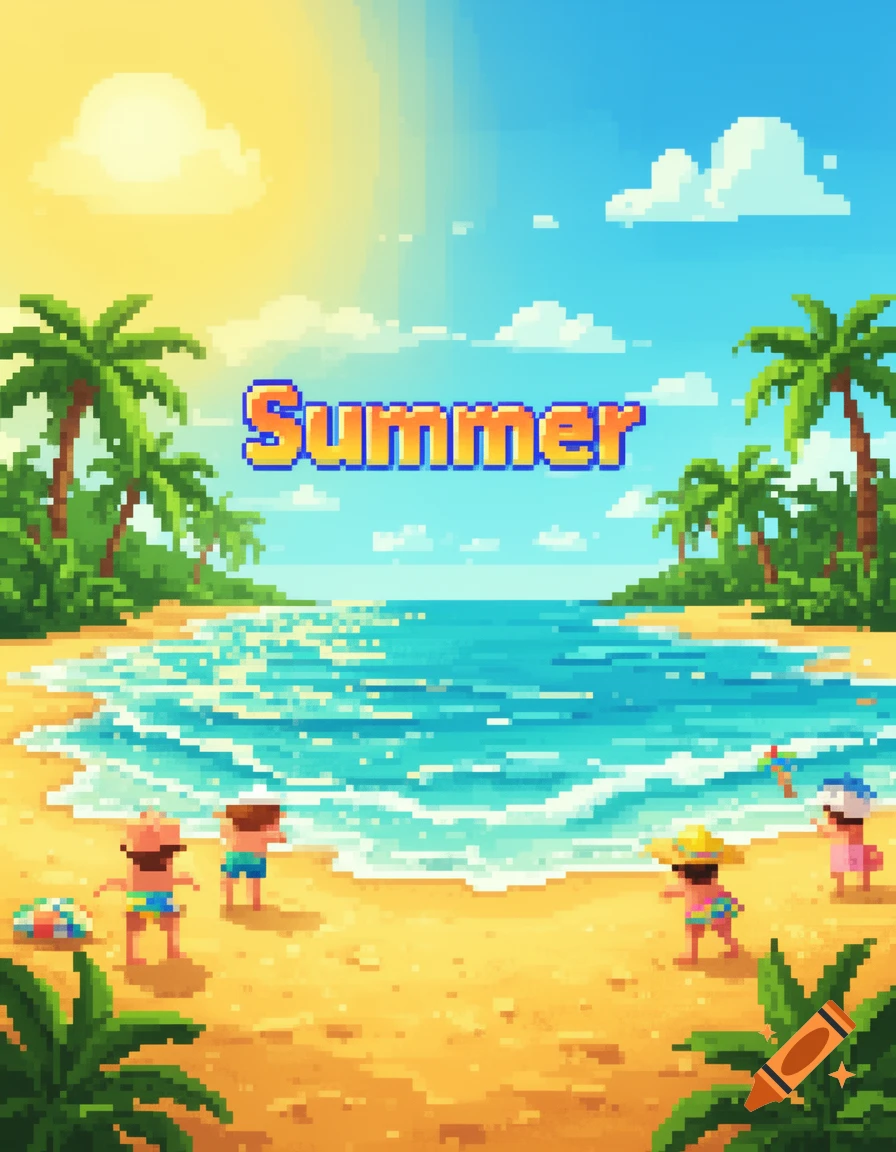 Pixel art of a sunny beach scene with palm trees, ocean waves, children playing, and the word 'Summer' in the sky.