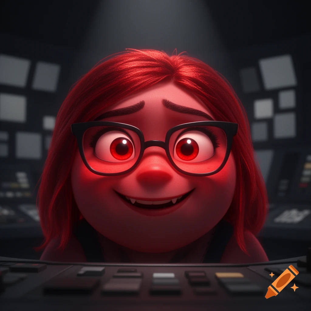 A red cartoon character with glasses, red eyes, and fangs grins evilly in front of dark control panels.