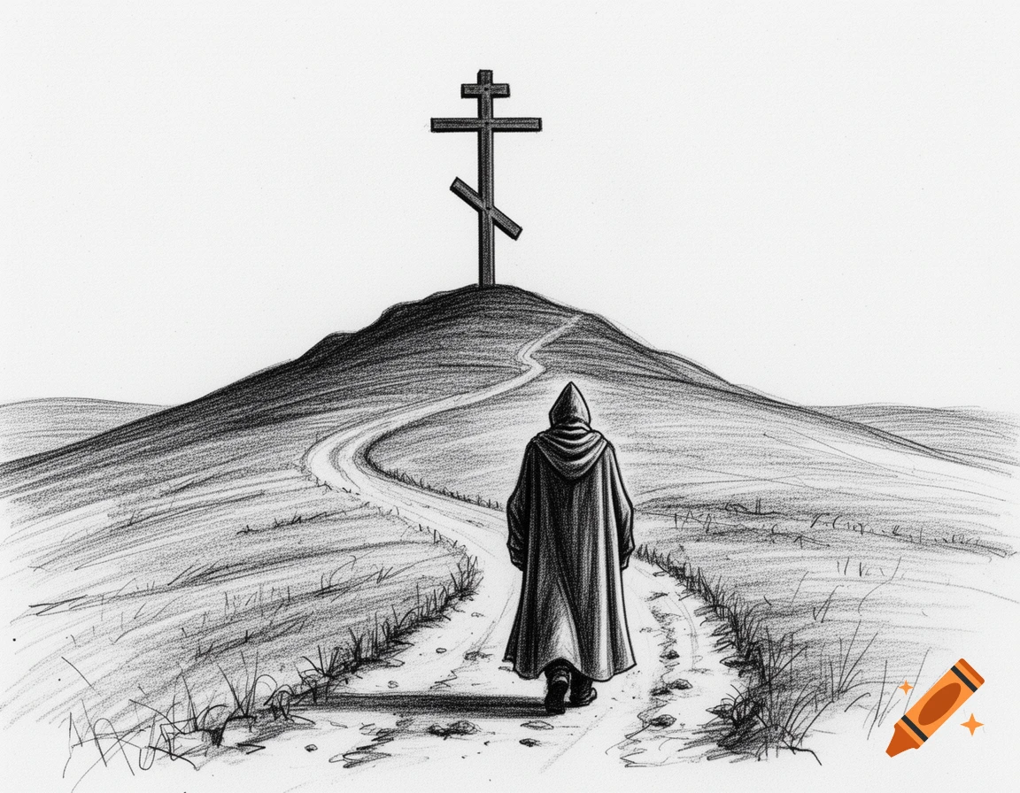 A black and white pencil sketch depicts a hooded figure walking on a winding path towards an Eastern Orthodox cross on a hill.