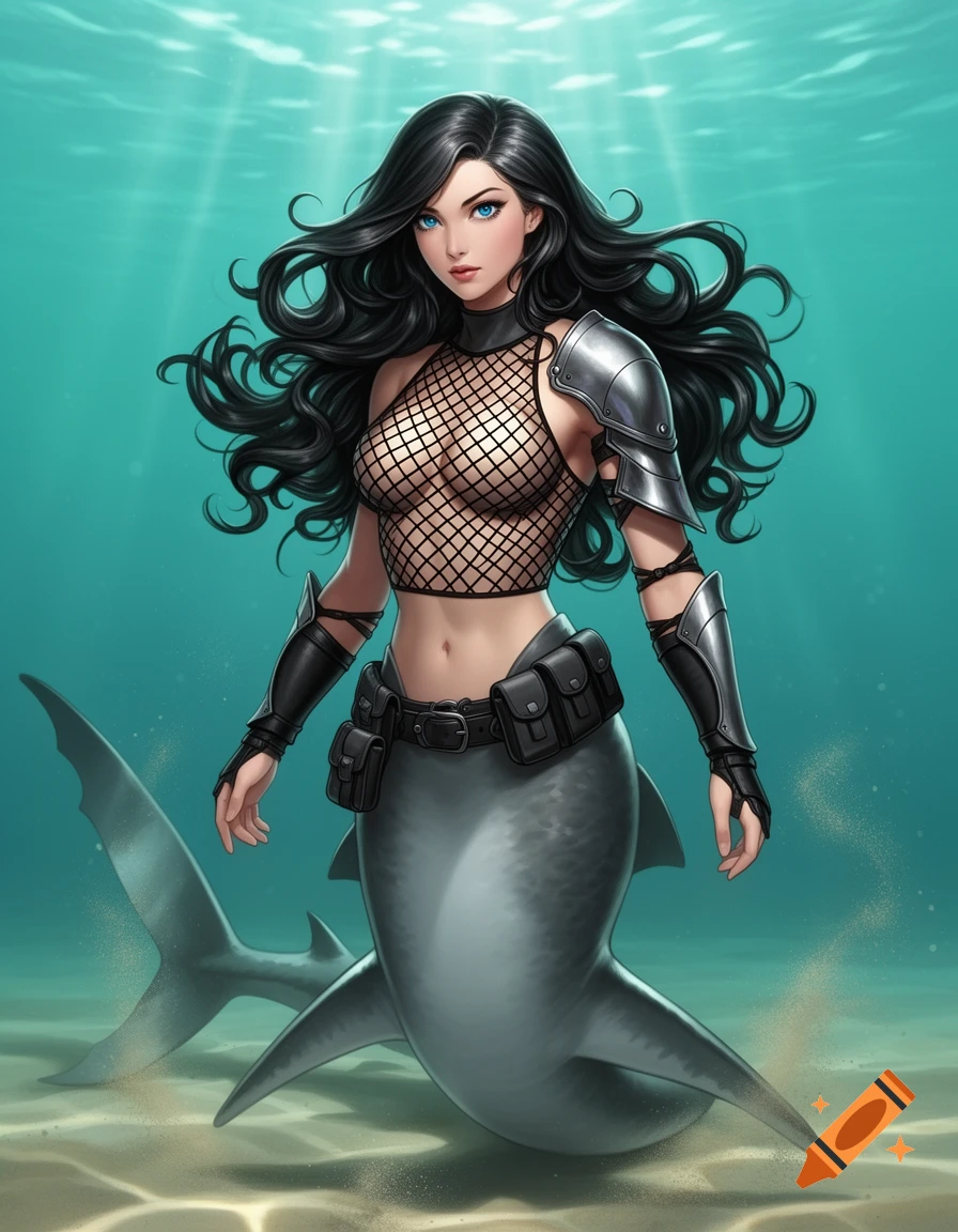 A beautiful shark mermaid with black hair and blue eyes, wearing a fishnet top, metal armor, and a belt of pouches, stands underwater.
