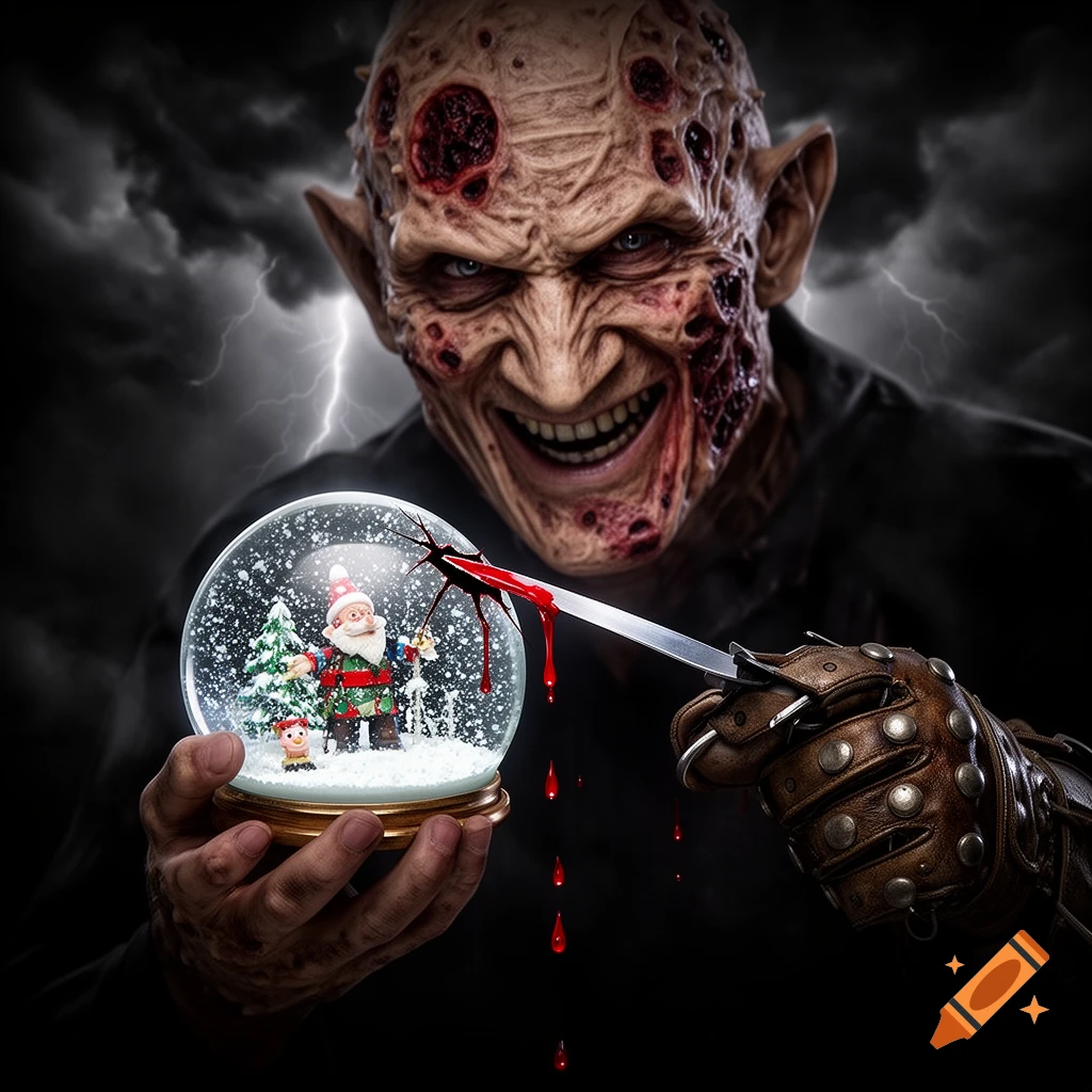 Freddy Krueger with a scarred face grins menacingly, holding a snow globe with Santa inside, while his bladed glove pierces it, causing blood to drip. Dark, stormy background.