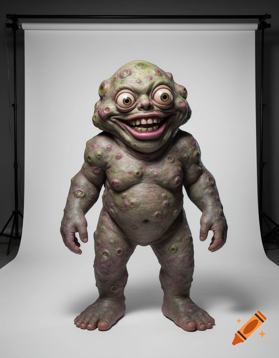 A grotesque, green-skinned creature with bulging eyes, a wide toothy grin, and bumpy skin stands in a photorealistic studio setting.