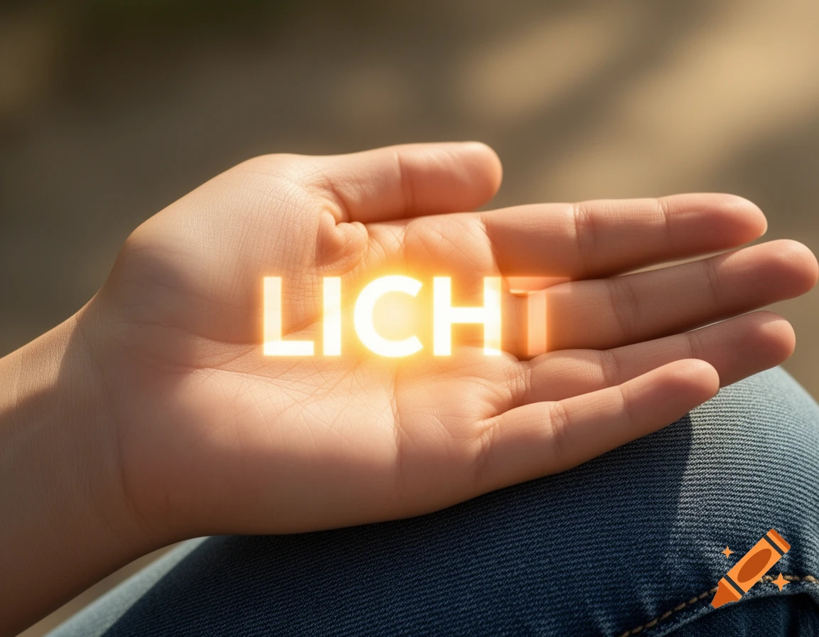 A person's left hand, slightly cupped on their thigh, glows with the word "LICHT" (light) in the center.