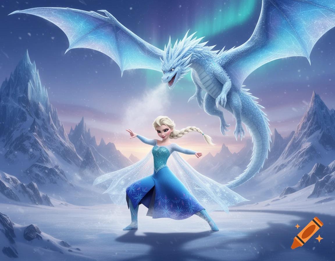 Animated Elsa in a kung fu pose with an ice dragon flying above her in a snowy mountain landscape under an aurora.