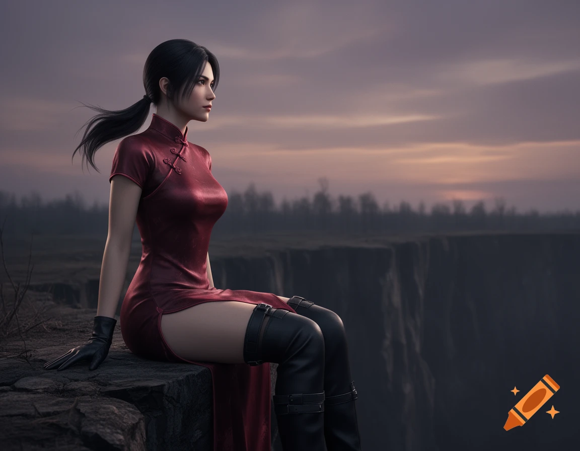 Ada Wong in a red cheongsam and black thigh-high boots sits on a cliff edge at sunset, looking into the distance, photorealistic style.