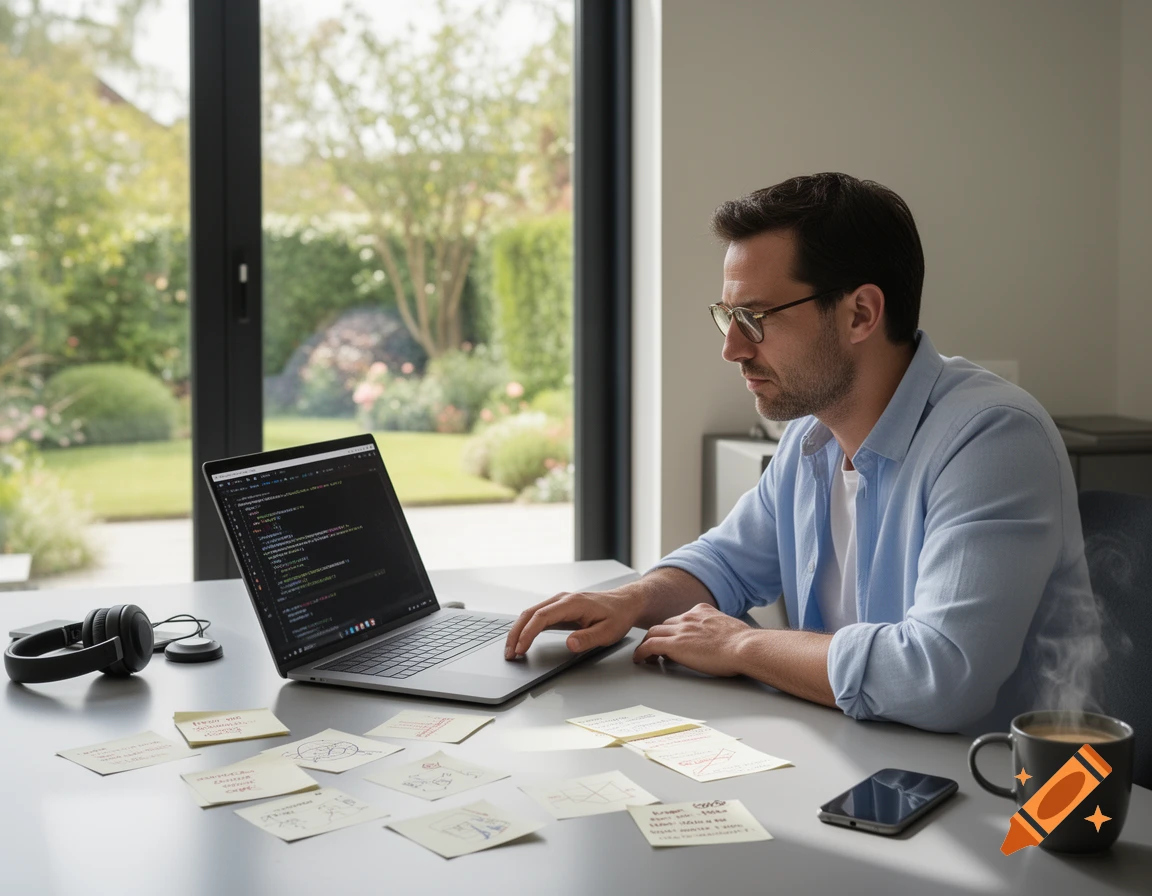 A man wearing glasses and a light blue shirt works on a laptop at a desk with headphones, sticky notes, a phone, and a coffee mug, with a garden visible outside a large window.