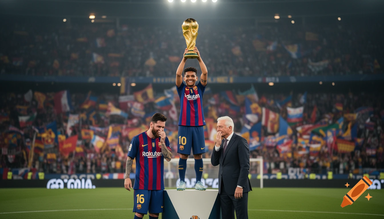 A smiling soccer player on a podium holds the World Cup trophy aloft, flanked by Lionel Messi and a man in a suit, both laughing, in a packed stadium.