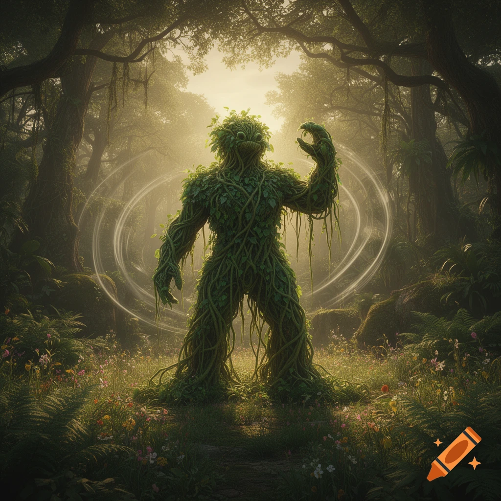 A tall, humanoid creature made of tangled green vines stands in a sunlit, misty forest with glowing rings.