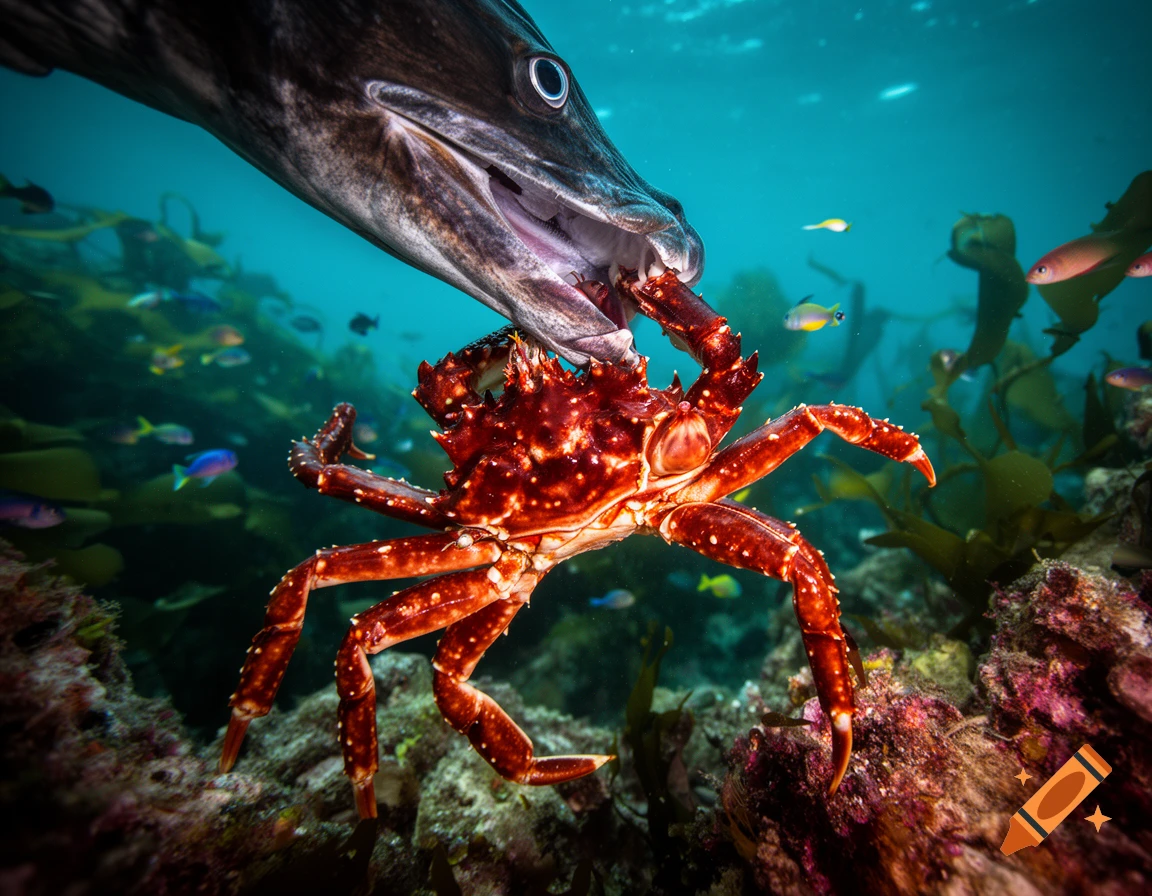 A large fish with its mouth open capturing a red king crab underwater, surrounded by kelp and small fish.
