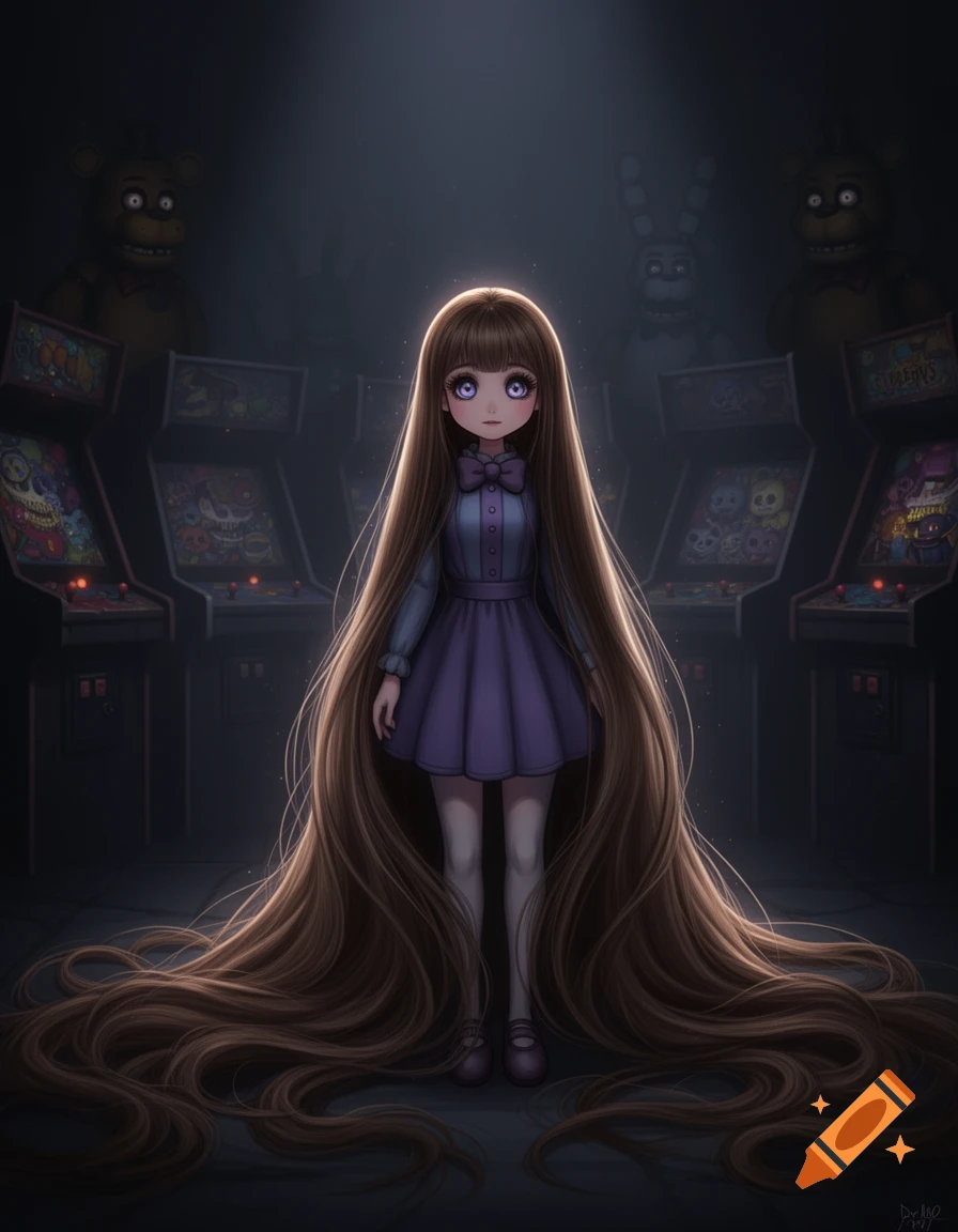 An anime-style doll-like girl with very long brown hair stands in a dark arcade with shadowy animatronic figures in the background.