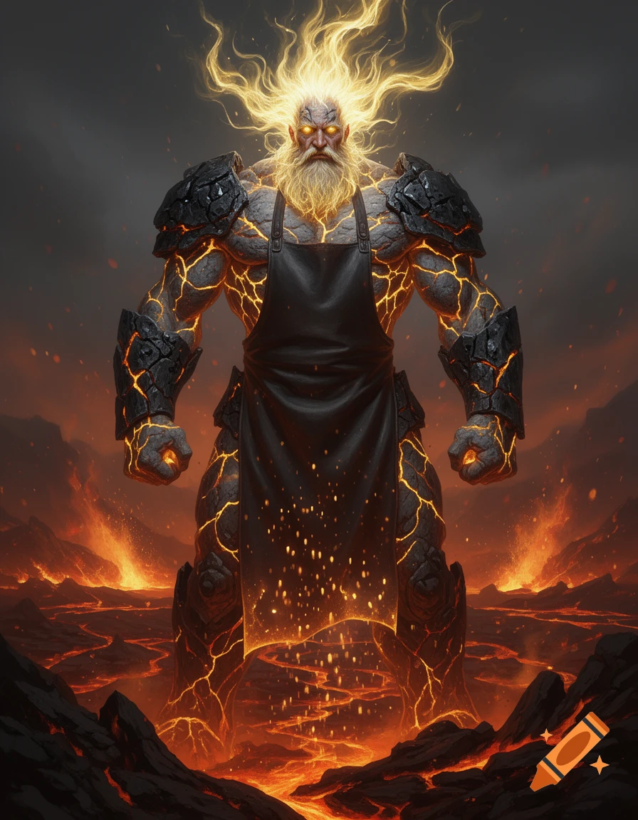 A colossal fire god with fiery hair and beard, made of cracked basalt and magma, wearing an apron, stands in a volcanic landscape.