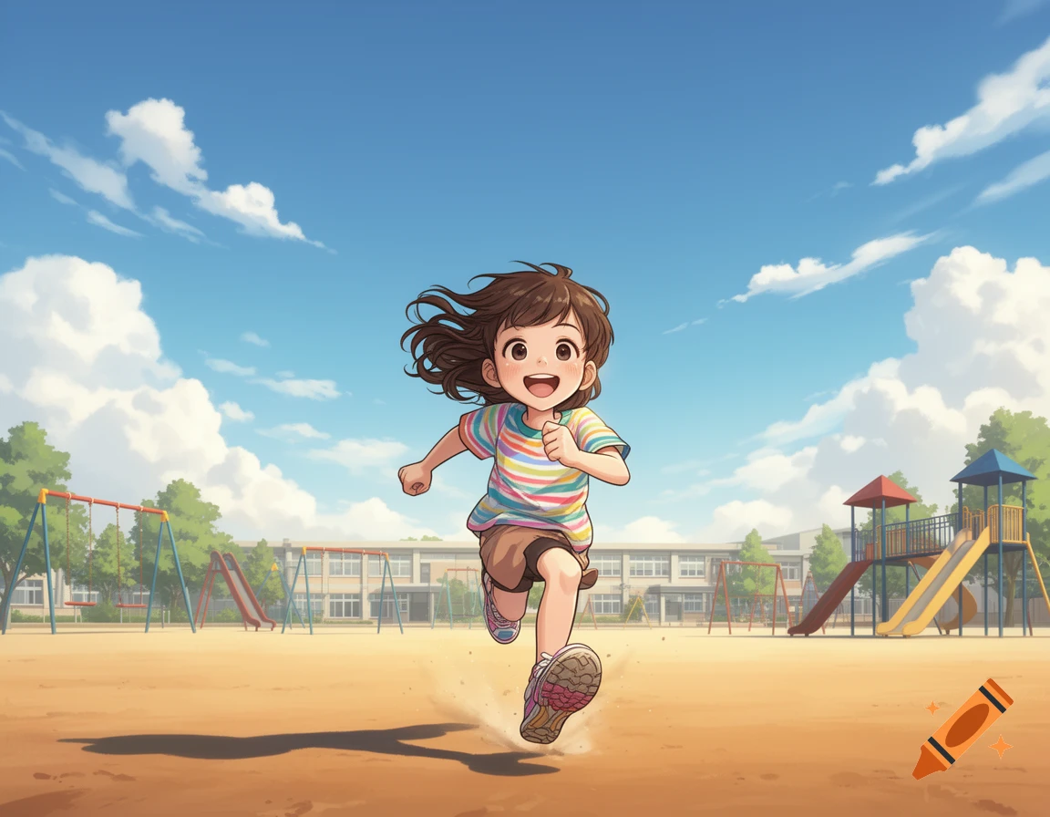 A smiling young girl with brown hair runs across a sunny school playground in a webtoon style.