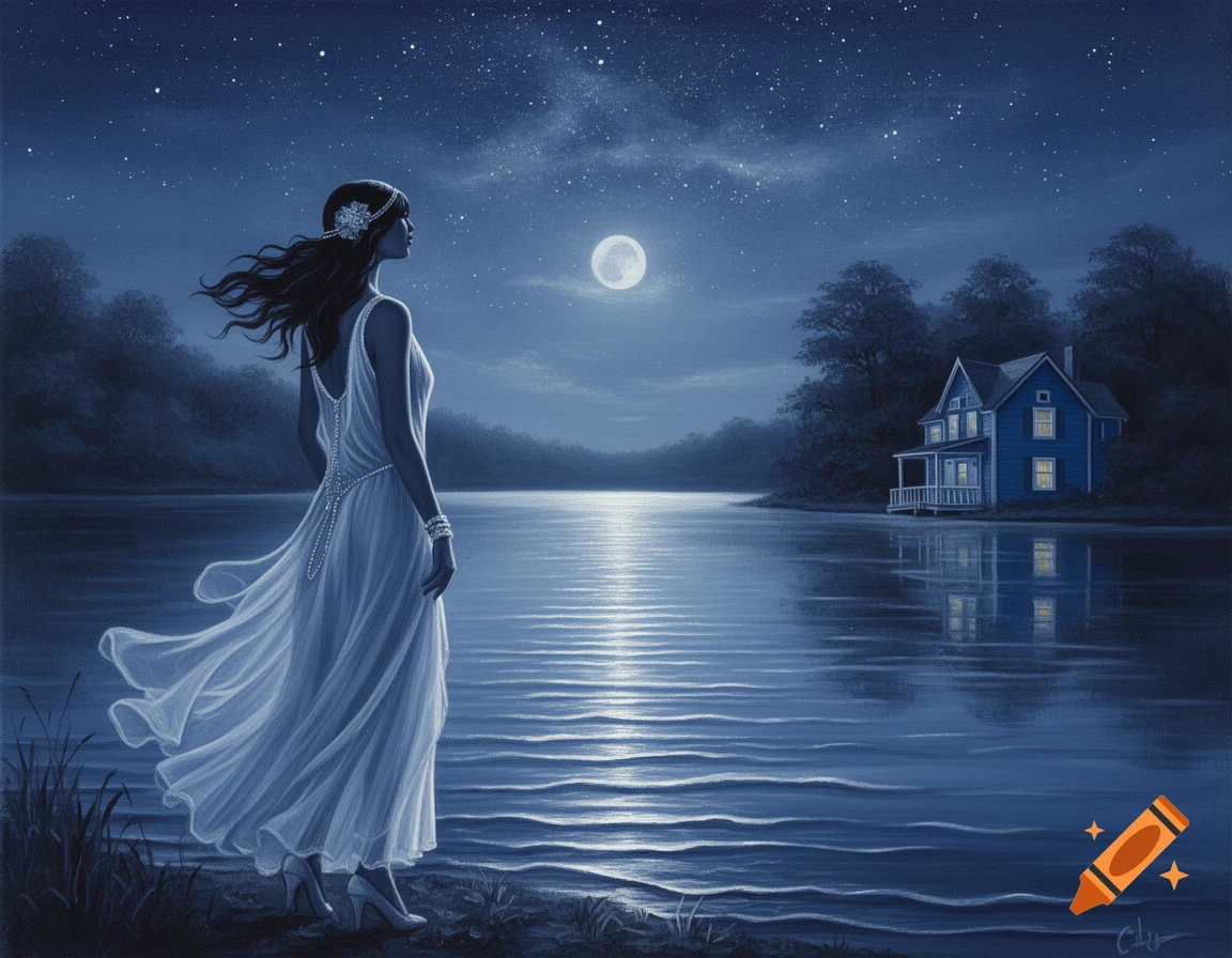 Acrylic painting of a woman in a white 1920s dress looking at a full moon over a lake with a blue house.