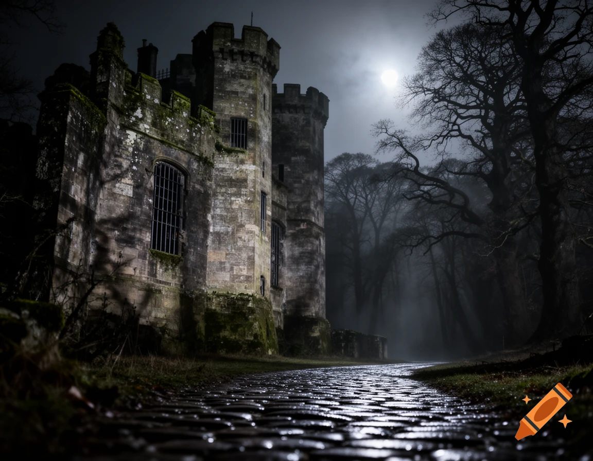 Dark, photorealistic image of a gothic castle at night with a wet cobblestone path and bare trees under a full moon.
