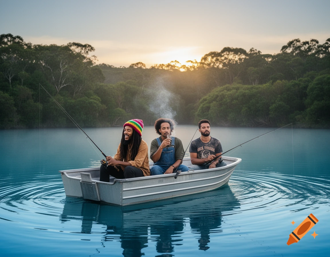 Three men fishing from a small boat on a calm blue lake at sunset, with green trees in the background.