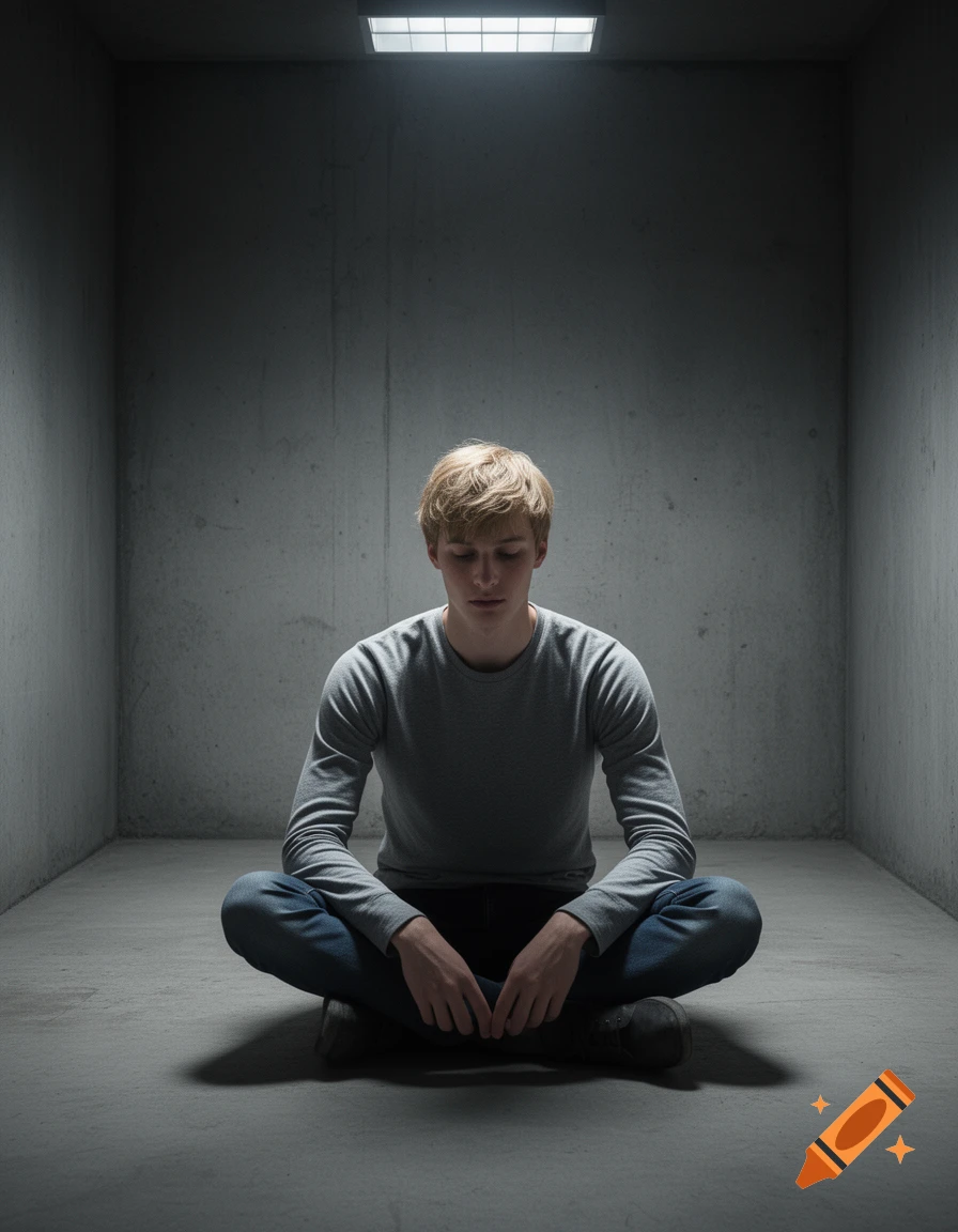 A young blond man sits cross-legged on the floor of a sparse concrete room, looking down under a single overhead light.