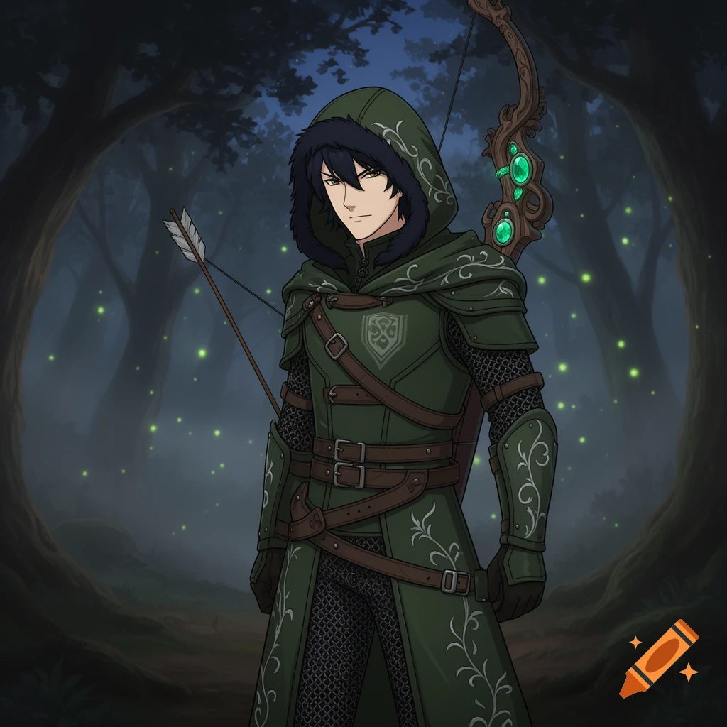 A male character in dark green, hooded fantasy armor with a bow and quiver stands in a misty, magical forest with glowing lights, in an anime style.