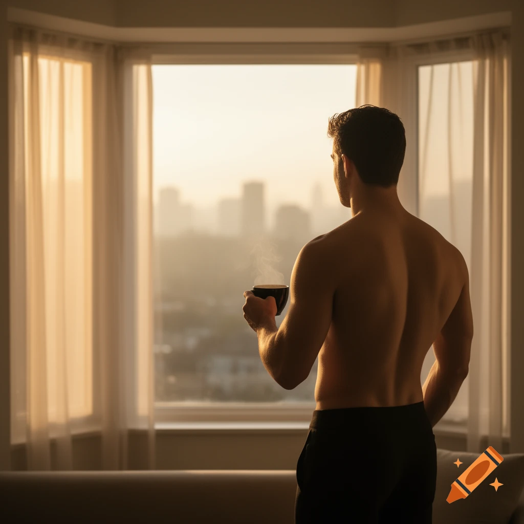 A shirtless man stands with his back to the viewer, holding a steaming cup of coffee and looking out a bay window at a blurred city skyline.
