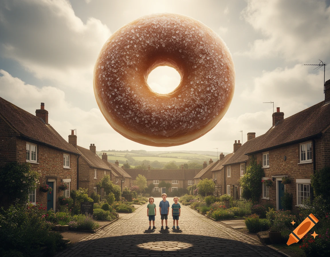 A colossal, sugary doughnut floats over a charming British village street where three children stand.