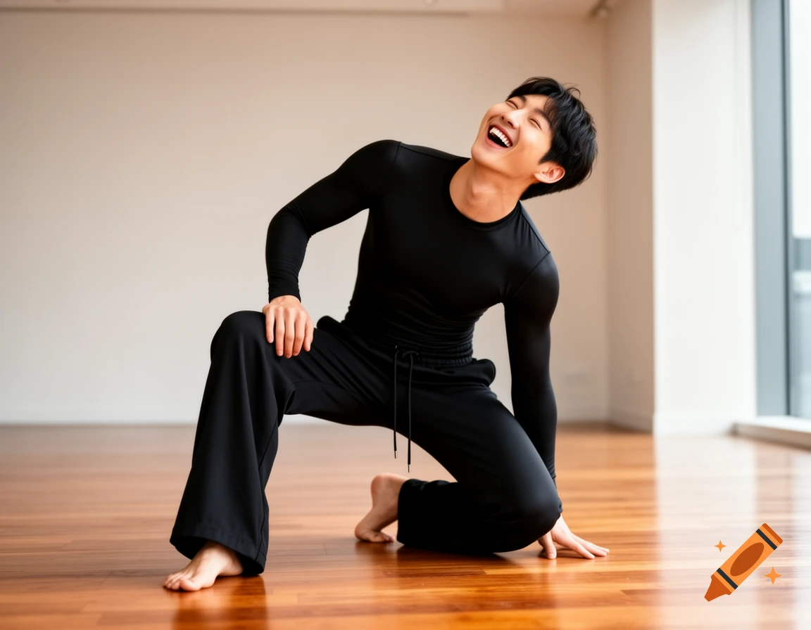A man in black sportswear kneels on a wooden floor, laughing with his head back in a bright studio.