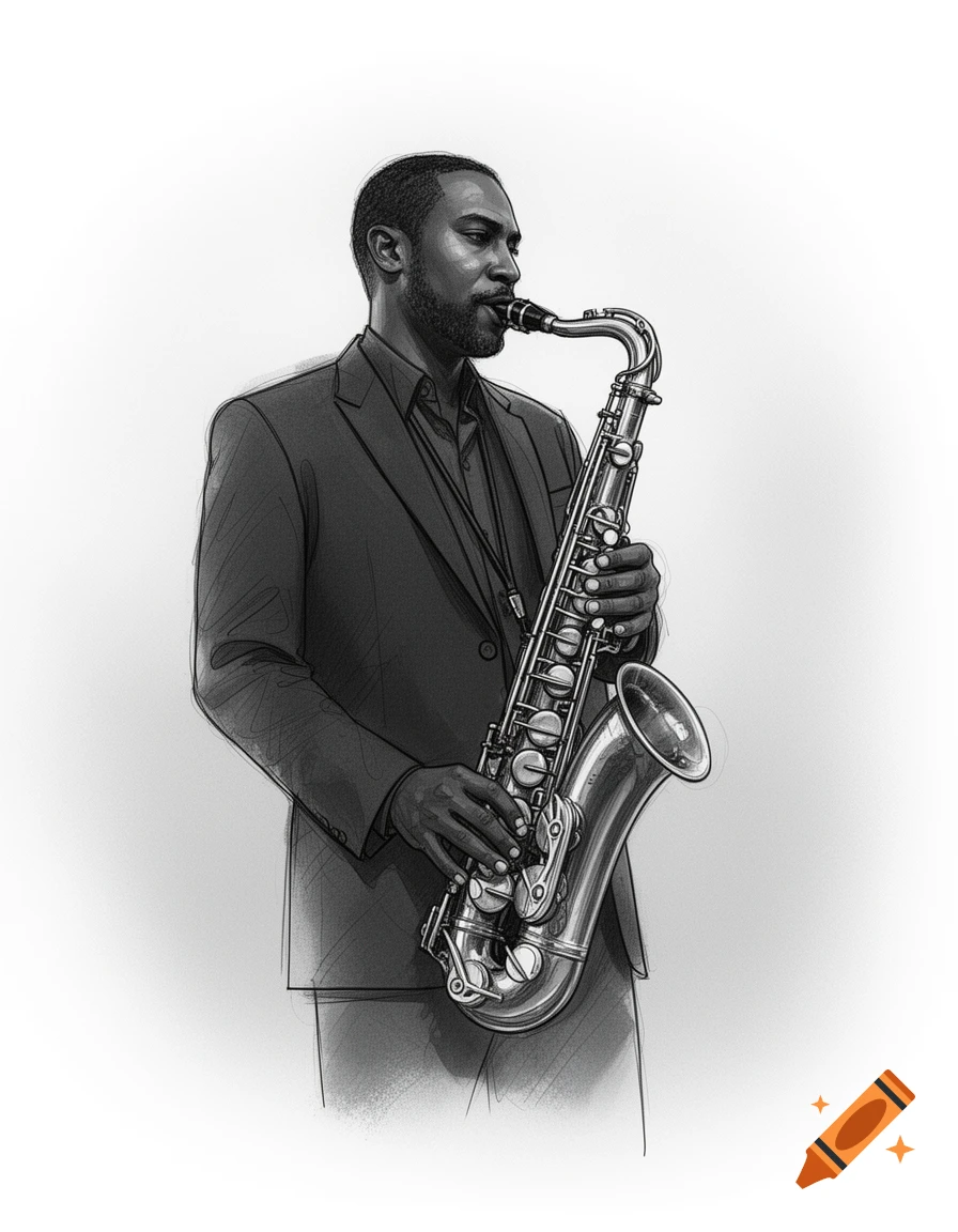 Black and white sketch of a man playing the saxophone.