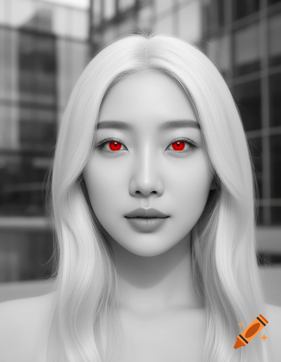 Close-up photorealistic portrait of an Asian woman with long white hair and striking red eyes, against a blurred background.