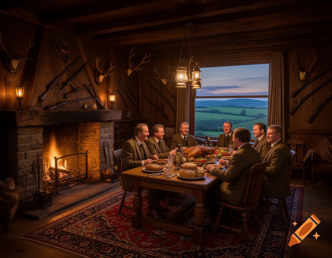 Six men in a rustic hunting lodge share a meal at a long wooden table next to a fireplace, with a view of a green landscape at dusk.