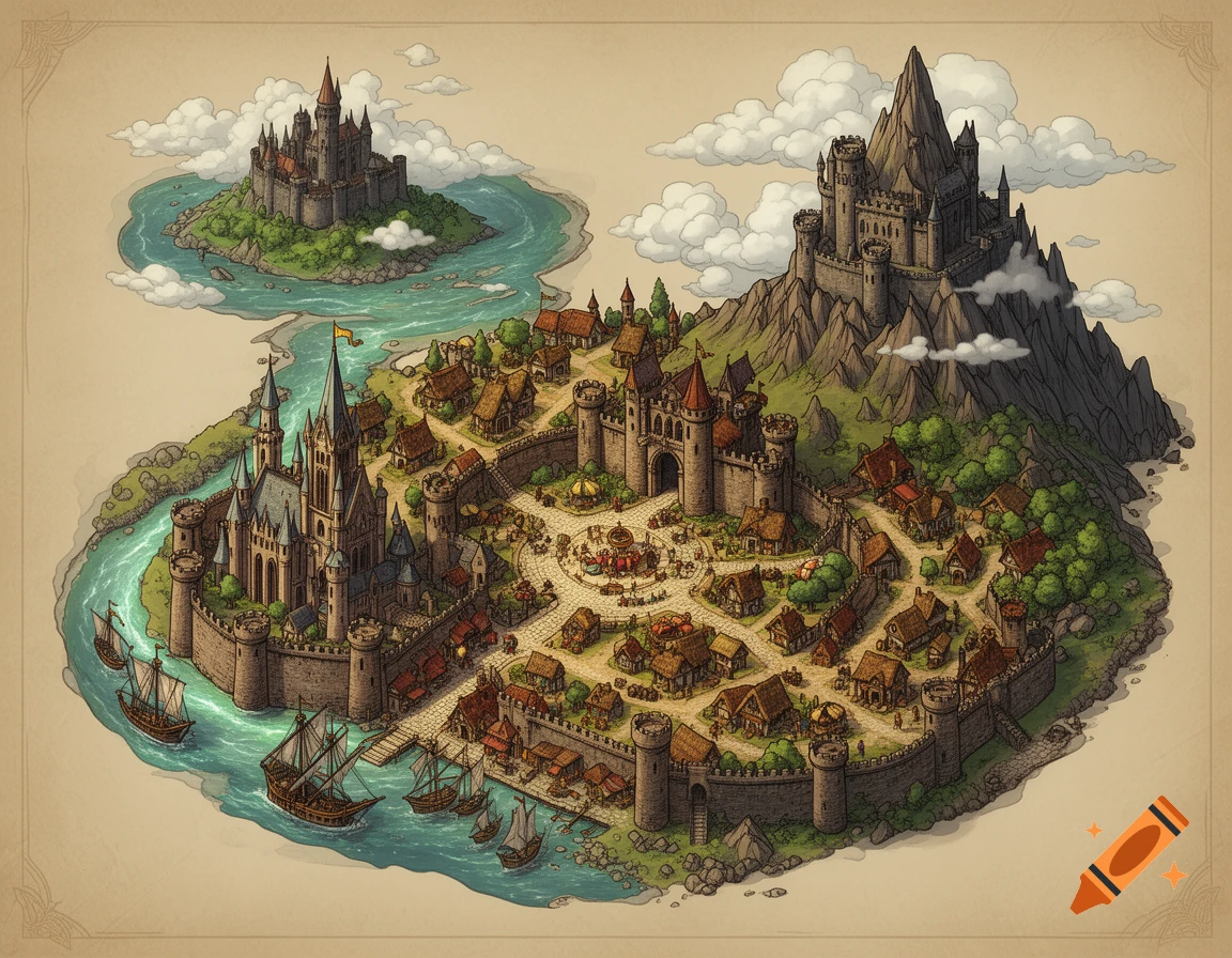 A detailed overhead medieval fantasy map showing a walled town with a bustling port, a river, and three castles.