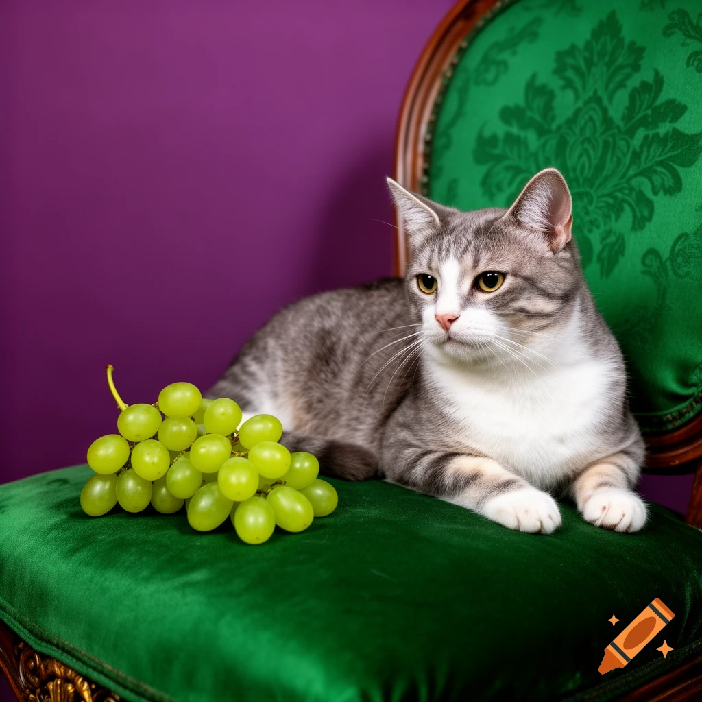 A grey and white tabby cat lies on a green velvet chair next to a bunch of green grapes, against a purple background.