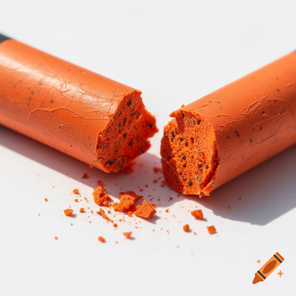 A macro shot of an orange crayon snapped in half, revealing its textured interior, on a white background with scattered crumbs.