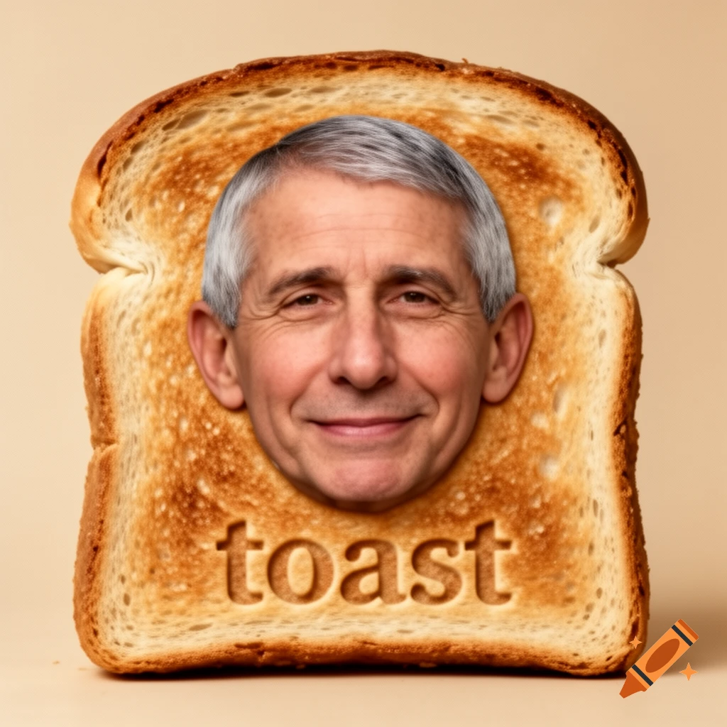 The smiling face of Anthony Fauci, with gray hair, is cut out and embedded into a piece of golden-brown toast, with the word 'toast' embossed below him.