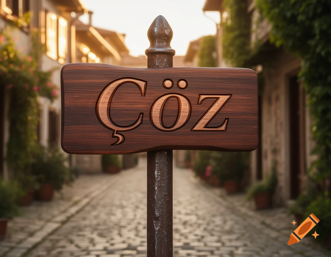 A wooden sign carved with 'ÇÖZ' on a metal pole in a blurry, sunlit old-world cobblestone street.